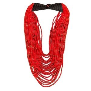 Handmade Artisan Red & Gold Seed Bead Layered Necklace With Crocheted Closure
